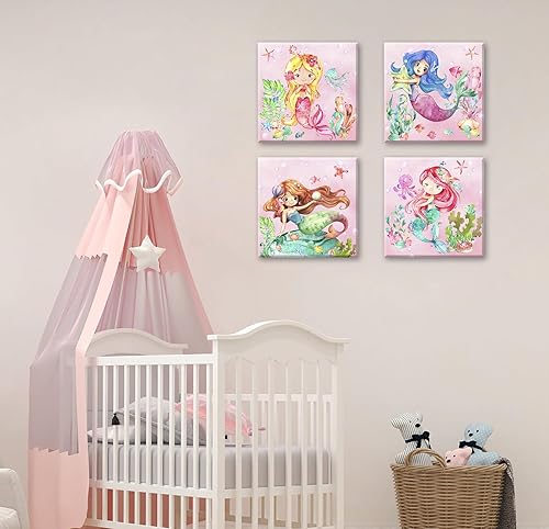 Miniatura 3 de BLINFEIRU Juego de 4 lienzos de sirena para pared, bonitas imágenes de sirena de acuarela rosa para habitación de niñas, baño, decoración de pared