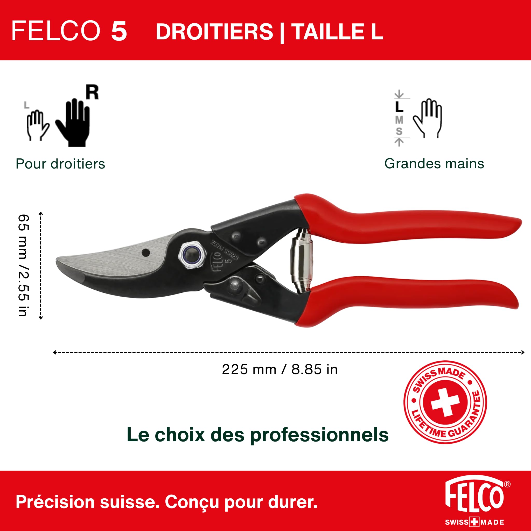 FELCO 5 sécateur puissant pour grande main droite, coupe jusqu’à 25 mm, longueur 225 mm, tête effilée pour accès facile, poignées en acier, idéal pour une taille précise au quotidien