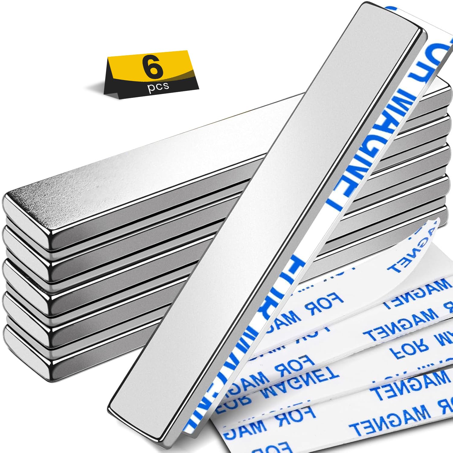 DIYMAG Neodymium Magnets, 6 Pack Strong Magnetic Bar with Double-Sided Adhensive Backing Heave Duty Rare Earth Magnet for Fridge, Classroom, Science and Craft - 2.36 x 0.39 x 0.12 in Silver 60x10x3mm Silver 6