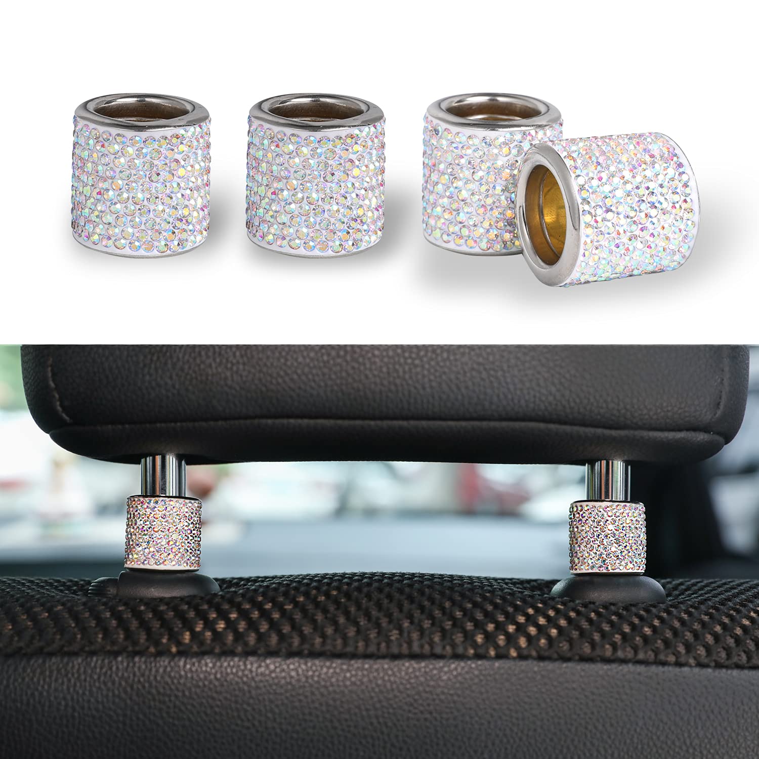 JUSTTOP Car Seat Headrest Decoration, 4 Pack Car Headrest Collars, Rhinestone Interior Car Seat Accessories, Bling Bling Crystal Diamond Car Interior Decoration Ring (AB Color)
