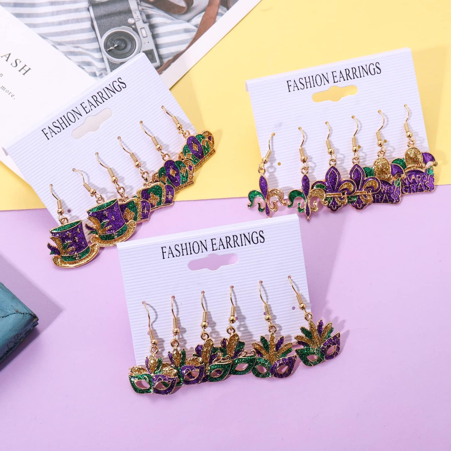 9 Pairs Mardi Gras Earrings for Women Carnival Crown Hat Fleur De Lis Mask Drop Dangle Earrings Glitter Purple Green Gold Earrings Holiday Celebration Parade Party Jewelry Gift - Image 5
