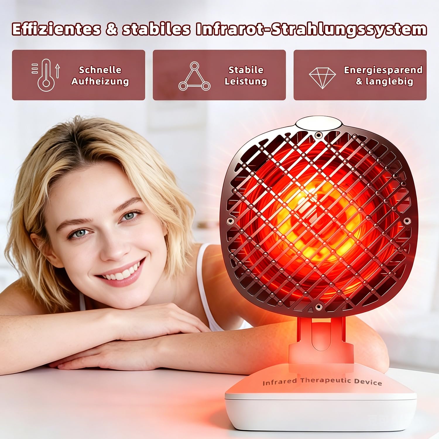 Infrarotlampe mit 3-in-1-Technologie, Rotlichtlampe Gesicht, Infrarot Lampe mit Tiefenwärme, 3 Sekunden Schnellheizung, einstellbarer Kopf, ideal bei Erkältung, Muskelverspannung & Hautpflege