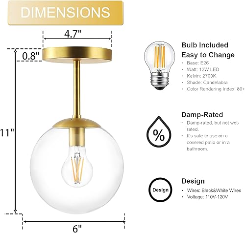 Miniatura 5 de Lámpara de techo semiempotrada de globo moderno de mediados de siglo, cristal transparente con acabado de latón dorado, luces colgantes de cristal