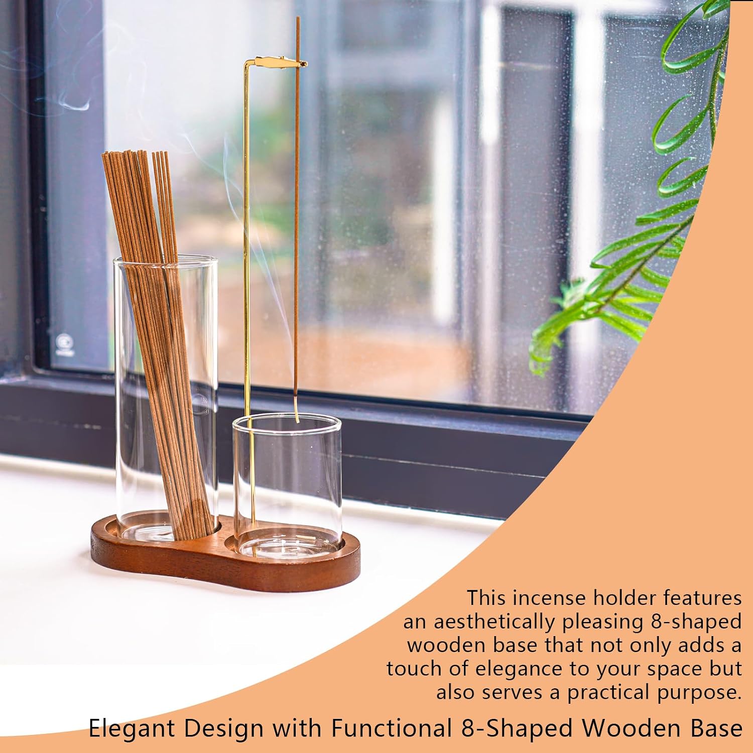 Modern 2-in-1 Incense Holder with Glass Ash Catcher, Featuring a Wood Tray, Metal Rod & 2 Glass Cups for Organized Burning. Perfect for a Clean Desk, Zen Meditation, Yoga and Home Decor