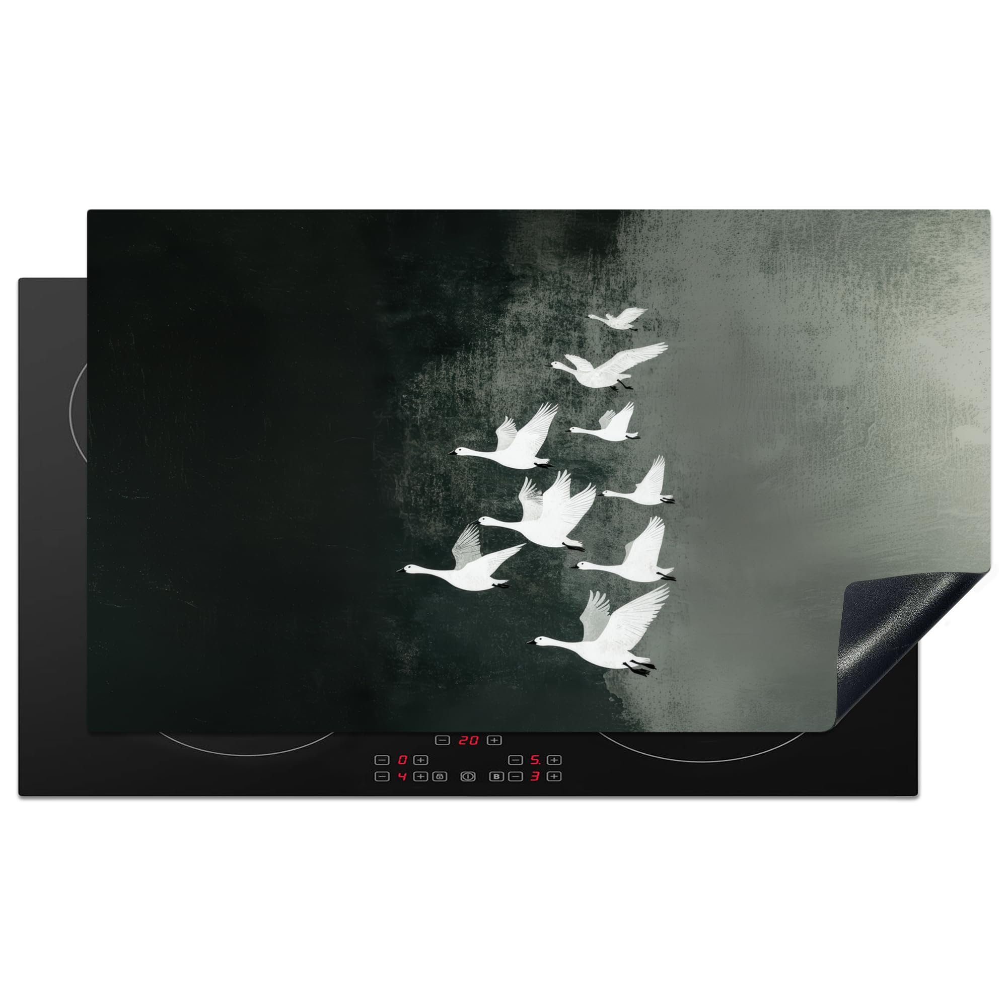 KitchenYeah© Induction Hob Protector Mat 20.5"x35.9" / 91.2x52 cm Cooker Top Protectors Cover Ceramic Covers Electric Hobs Vinyl Bird - Japandi - Green