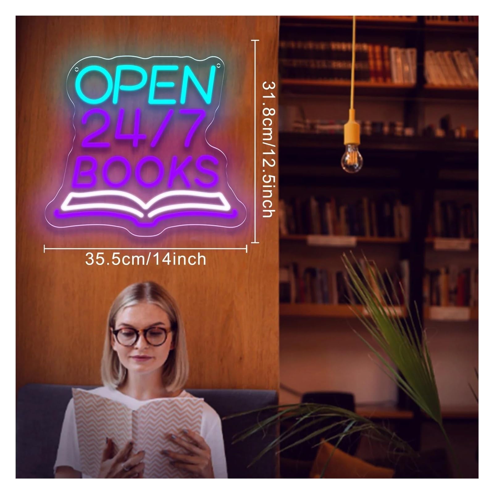 Luci al Neon Da Parete Insegna Al Neon Dimmerabile Open 24/7 Books Angolo Lettura Per Libreria, Biblioteca, Arredamento Per Caffè, Per Amanti Dei Libri, 35.5x31.8cm