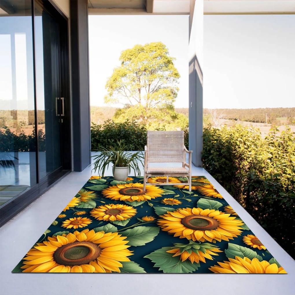 Amazon.com: Navy Blue Yellow Sunflower Outdoor Rug 2x6 Blooming