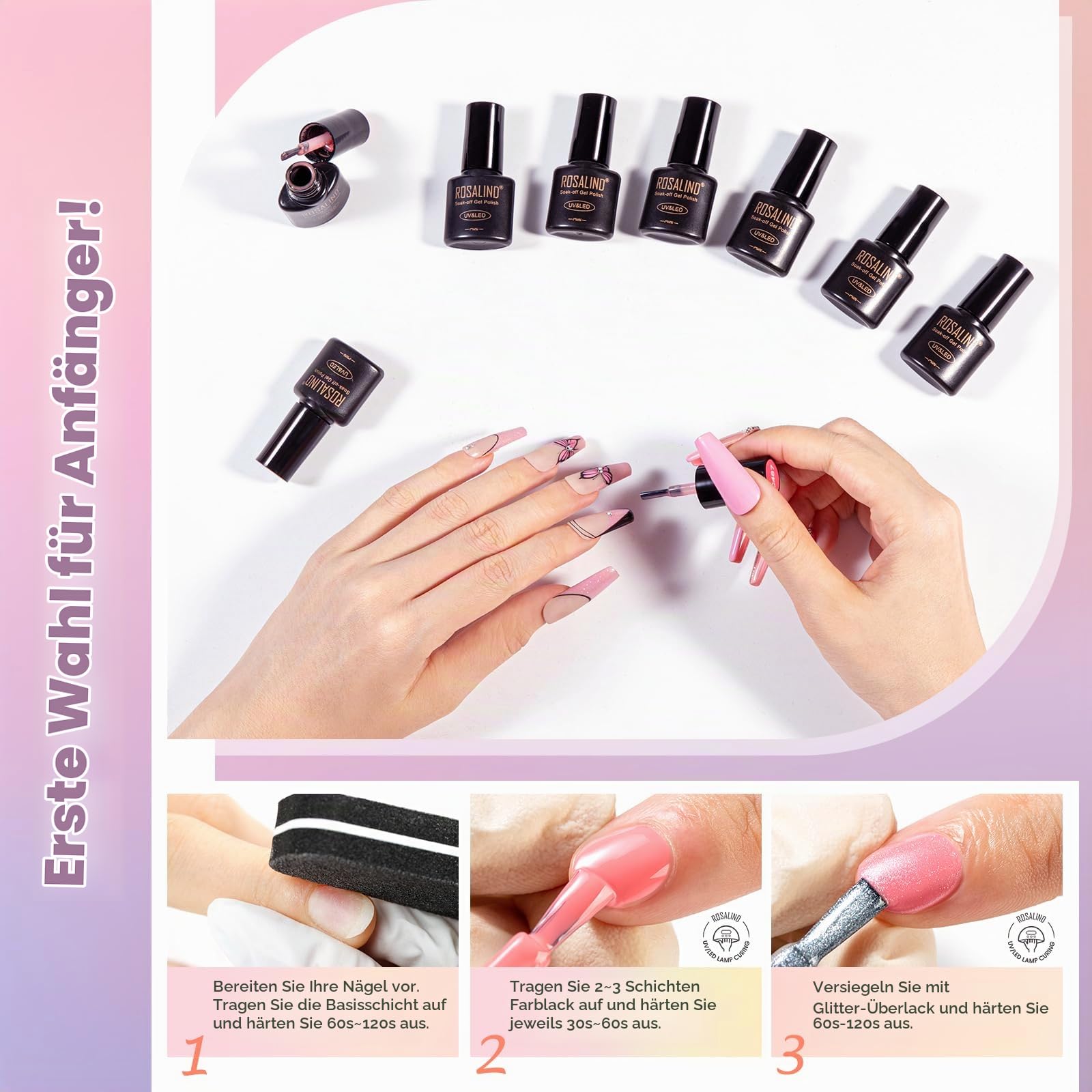 ROSALIND UV Nagellack Set mit UV Lampe, 60+5 Stück Gelnägel Starterset Rosa Blau Grün Lila Rot Schwarz Braun Gel Nagellack Gelnägel für Nägel Maniküre Nagelstudio Set