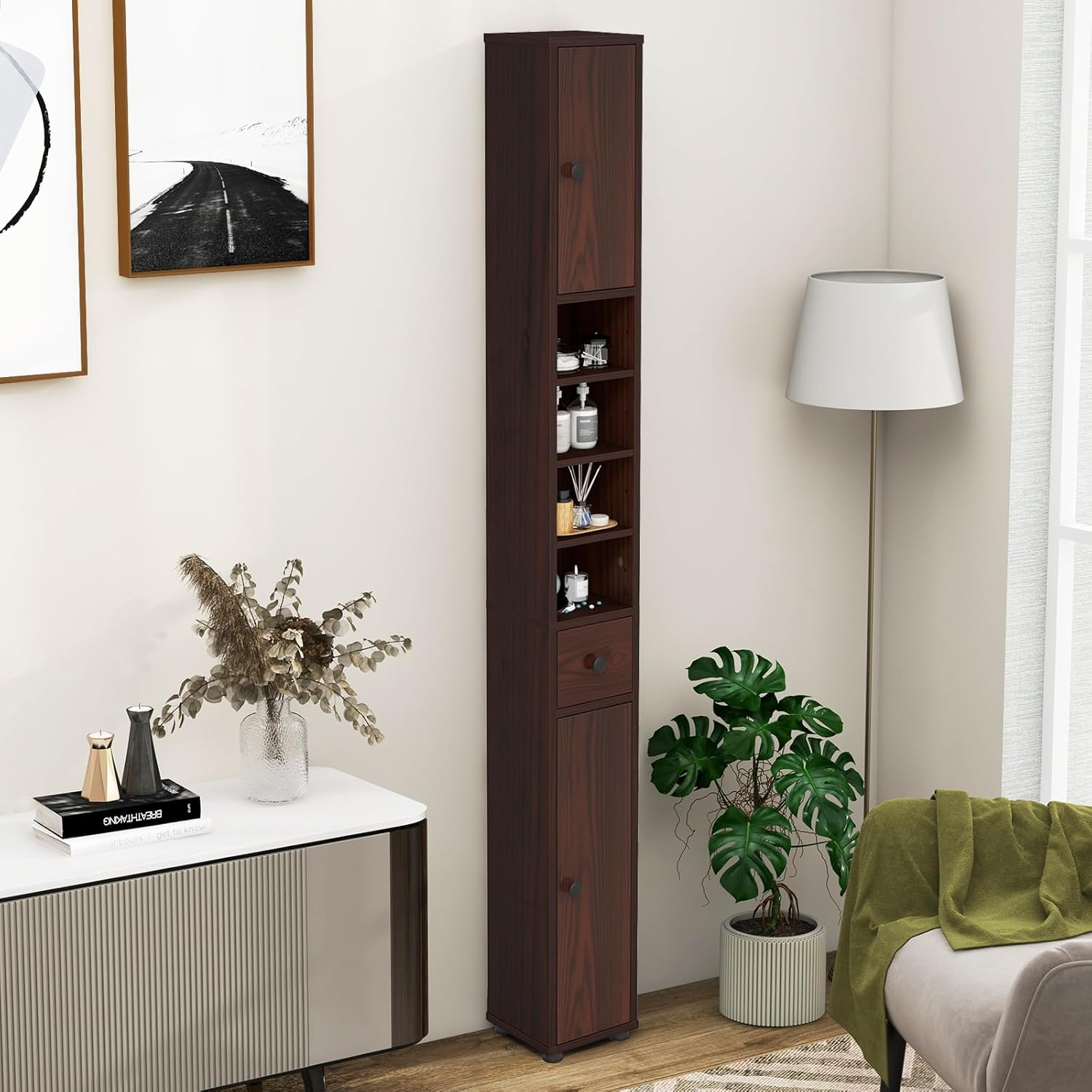 Tangkula Tall Slim Bathroom Storage Cabinet, 71" Freestanding Bathroom Cabinet w/ 2 Doors, 1 Drawer & 5 Adjustable Shelves, Floor Narrow Tower Cabinet for Small Spaces, 8" x 8" x 71" (Brown)