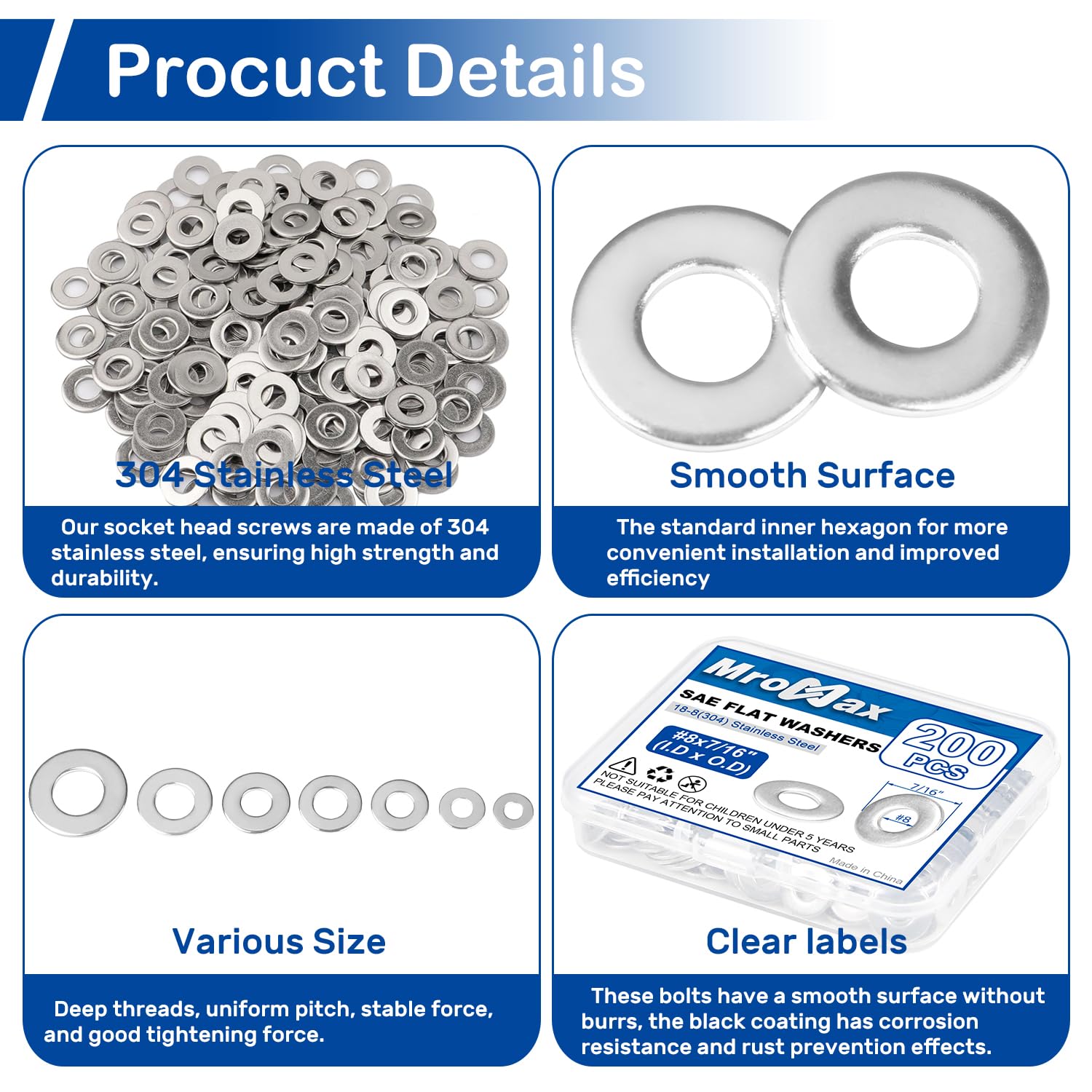 1/4" SAE Flat Washers (100Pcs) 3/4" OD 304 Stainless Steel(18-8) Washer for Screws Bolts Metal Washers for Various Home, Factories, Outdoor Projects, Standard ASME B18.22.1