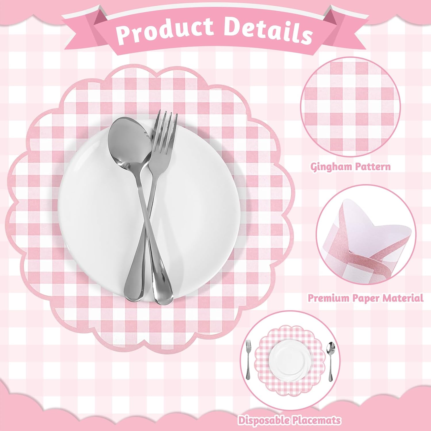 60 Pcs Pastel Gingham Paper Placemats,13.5 Inch Scalloped Checkered Easter Placemat Disposable Tea Party Place Mats for Table Setting Baby Shower Wedding Bridal Banquet Birthday Decorations,4 Colors