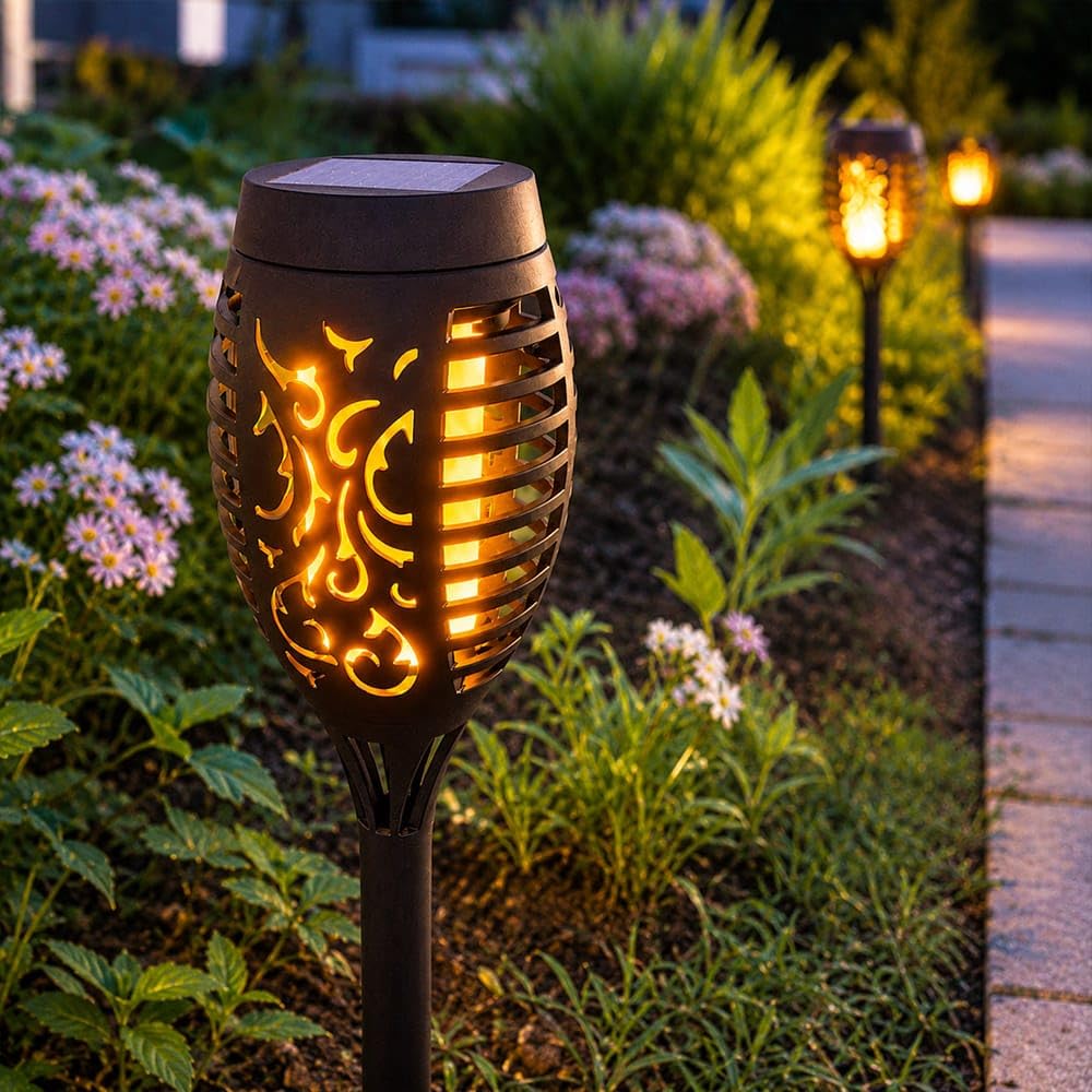 HOFTRONIC - 12er Set Avon LED Solarfackeln mit Flammeneffekt - 2200K Extra Warmweiß - IP65 Wasserdicht - Solar Flammenlicht - 50cm - Incl. Dämmerungsschalter