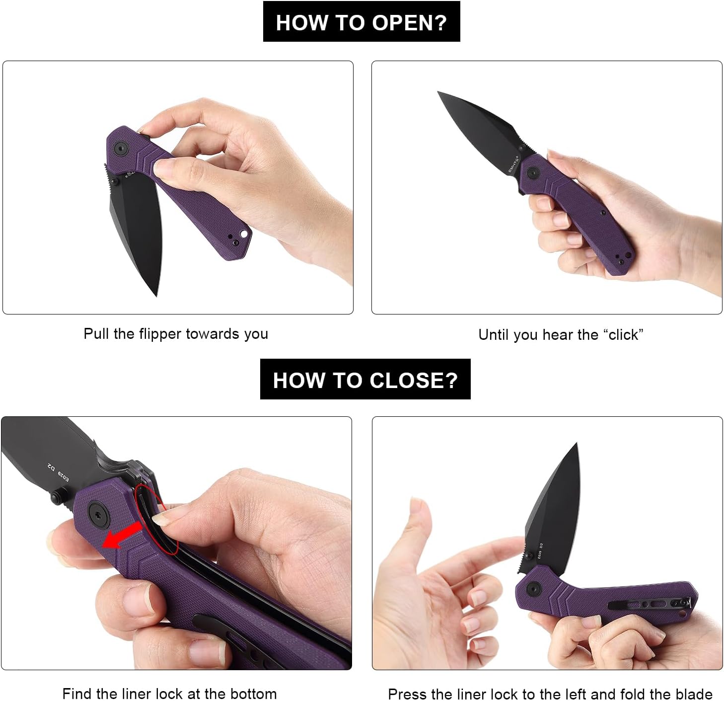 EDC Folding Pocket Knife - D2 Steel Drop Point Black Blade, G10 Handle Scales with Liner Lock, Reversible Clip, Lightweight Outdoor Utility Tool E029, Purple