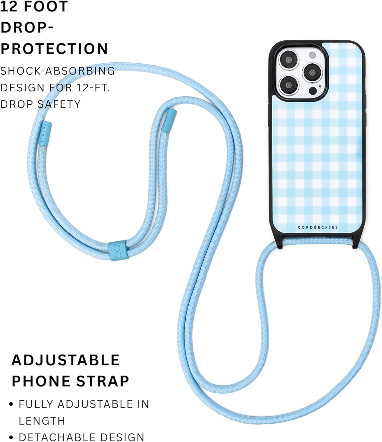 Cairo Crossbody Phone Case with Phone Strap for iPhone 16 Pro, Blue Gingham Pattern, Magnetic Compatible, Adjustable Design