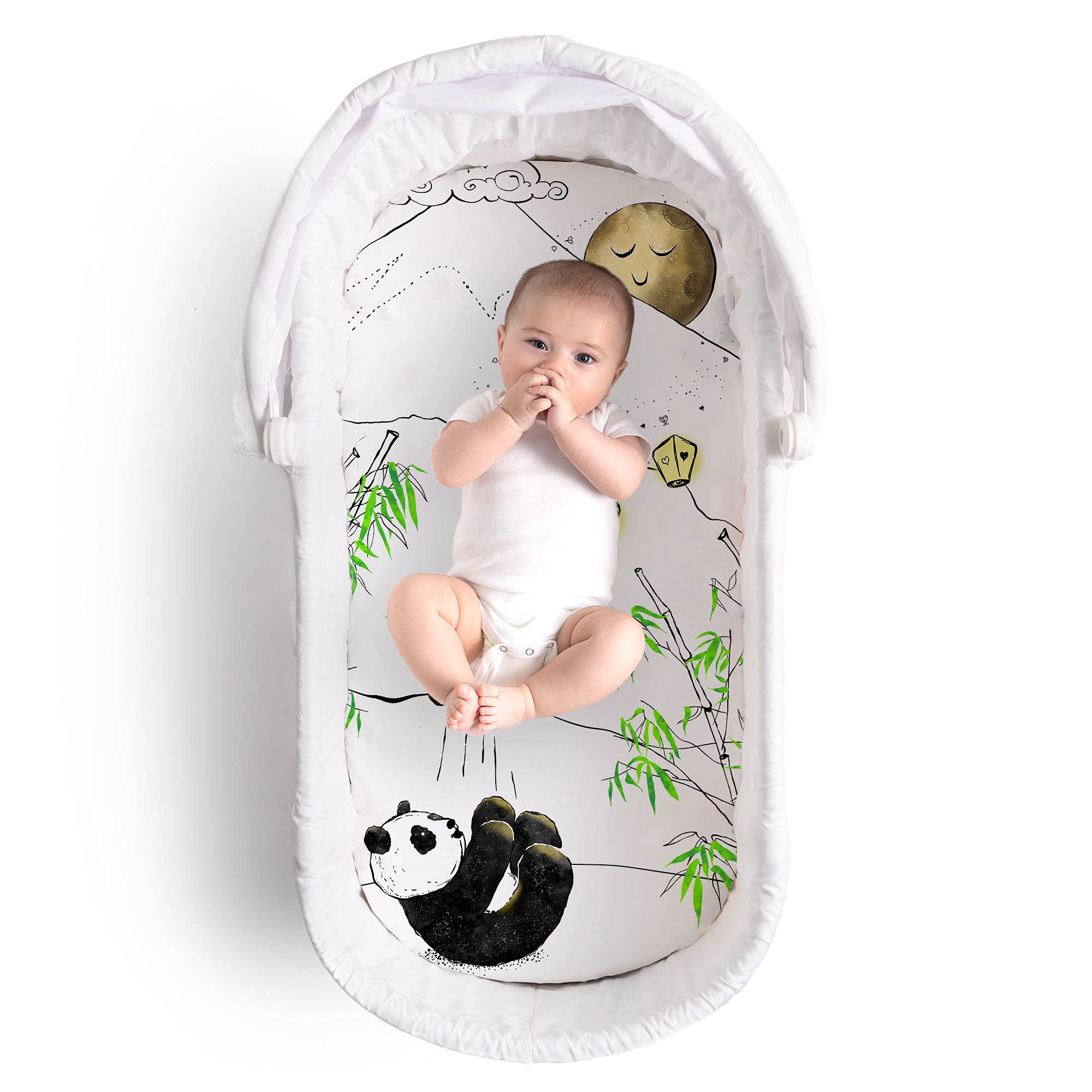 JumpOff JoHypoallergenic Fitted Bassinet Sheet for Baby Boys & Girls - Rectangular, Hourglass & Oval Crib Compatible, Soft, Breathable, Machine Washable - Playful Panda