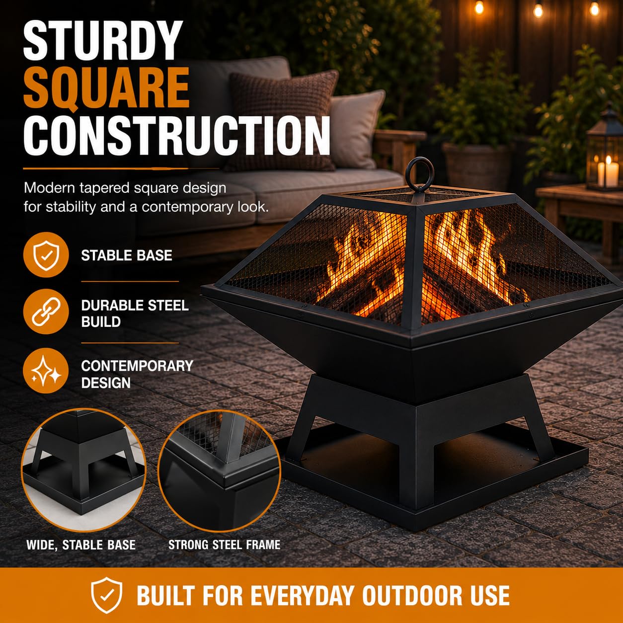 Garden Mile® - Grande braciere in metallo verniciato a polvere, colore nero, barbecue da esterno, braciere/stufa da giardino, quadrato