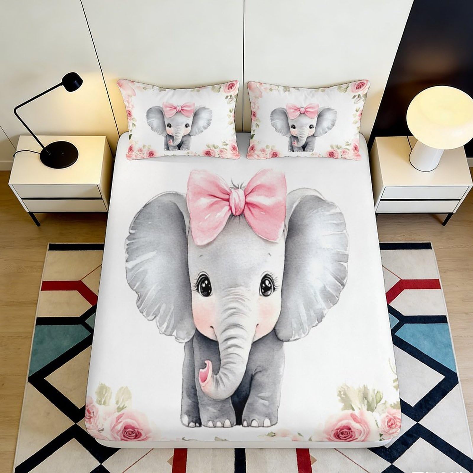 Pnayamiorkfel Style-4 3D Printed Cute Elephant Fitted Sheet Microfiber Soft Pink Bow Floral Bed Sheet For Bedroom Guest Room Decor 90X200x25cm