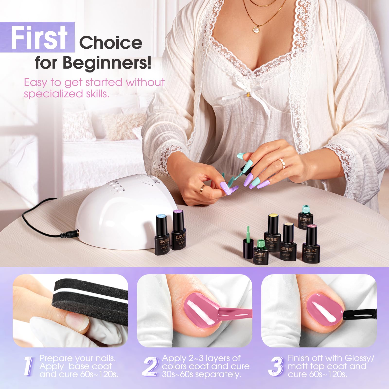 ROSALIND Vernis Semi Permanent, 36PCS Violet Bleu Marron Rose Vert Gris Couleurs Vernis Gel Semi Permanent, Mini UV/LED Semi-permanent Manucure Kit