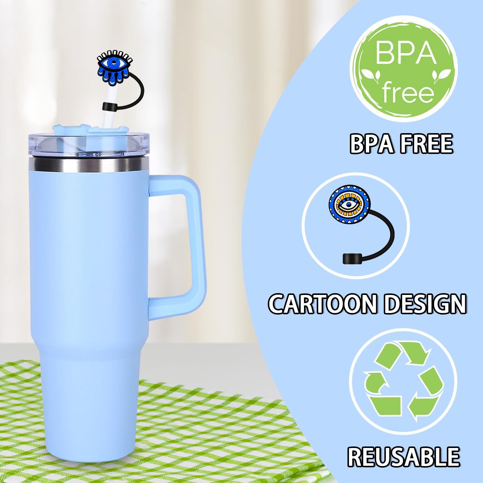 8Pcs Straw Covers for Stanly Cup Cap Compatible with Stanly Cup, 10mm Reusable Straw Topper for Stanley 30&40 Oz Tumbler, Spill-Proof Straw Tip Covers for Stanley Cup Accessories (Blue)