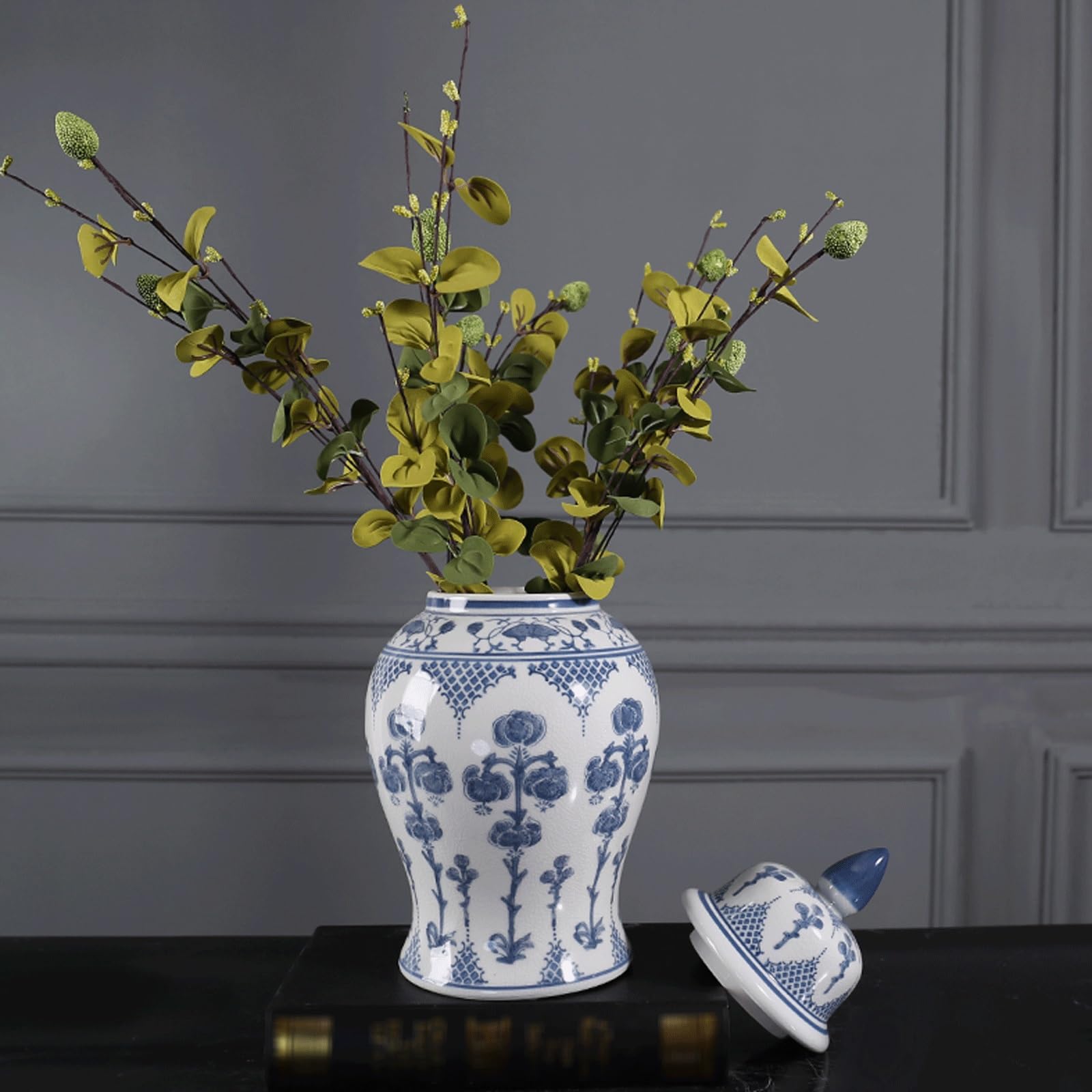 Niebiesko-biały porcelanowy słoik na imbir z pokrywką, dekoracyjny ceramiczny słoik w stylu chinoiserie, do przechowywania herbaty, klasyczny chiński wazon do kominka(S)