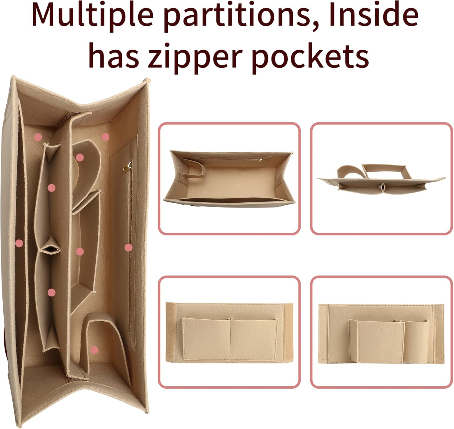 Bag Organizer Insert,Tote Bag Insert For On The Go GM, Handbag Inner Organizer,Handbag Storage,Tote Bags Felt Liner with Zipper (Beige,XL) - Image 5