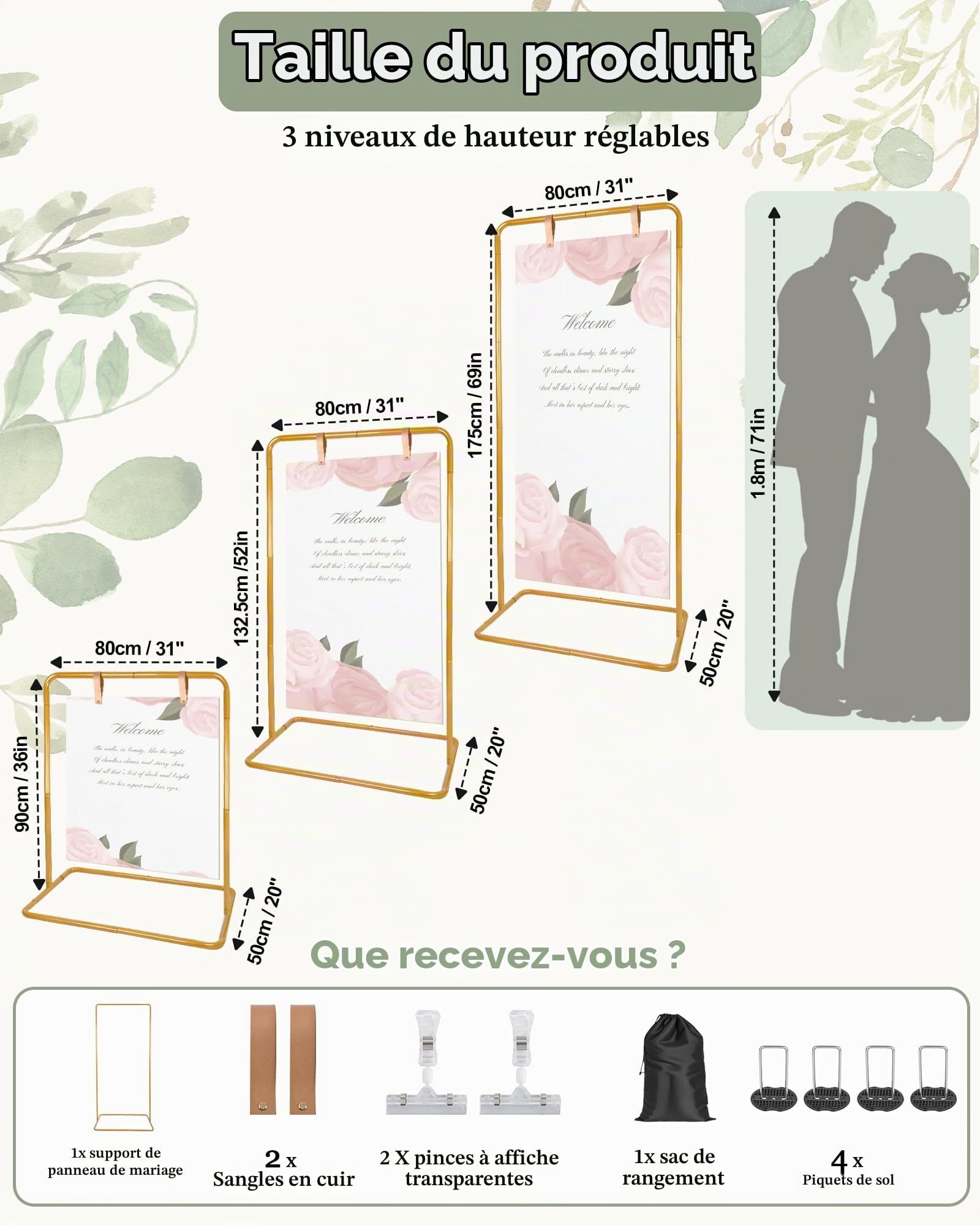 Support Pour Pancarte Bienvenue Mariage 175cm 3 Hauteurs Réglables Support Décoratif Pour éVénement il est Livré Avec 2 Lanières Cuir et 2 Clips Pour la Décoration les Affiches et les Fêtes (Doré)
