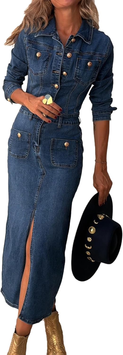 Conshvi Denim Dress for Women Trendy Long Sleeve Button Down Denim Maxi Dress 2025 Fall Bodycon Slit Long Jean Dresses - Image 3