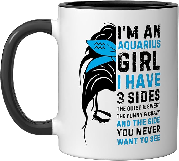 Aquarius Girl Birthday Aquarius Zodiac Sign Messy Bun Funny Ceramic Mug, Black/White