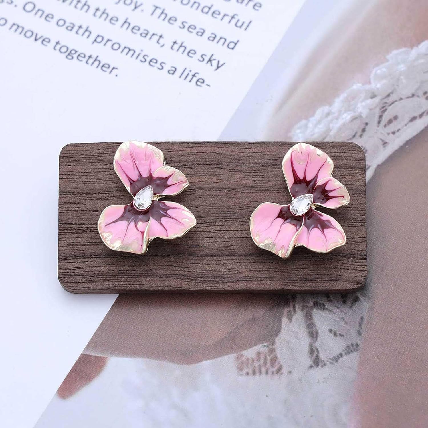 Enamel Flower Earrings Flower Crystal Stud Earrings Pink Large Floral Earrings Vintage Rhinestone Teardrop Earrings Enamel Statement Flower Earrings Jewelry for Women - Image 4