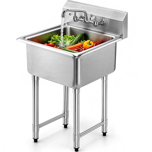 VEVOR Stainless Steel Prep & Utility Sink, 1 Compartment Free Standing Small Sink Include Faucet & legs, 21"x18" Commercial Single Bowl Sinks for Garage, Restaurant, Kitchen, Laundry