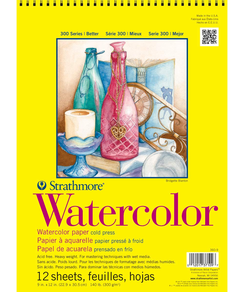 300 Series Watercolor Paper Pad, Top Wire Bound, 9x12 inches, 12 Sheets (140lb/300g) - Artist Paper for Adults and Students - Watercolors, Mixed Media, Markers and Art Journaling