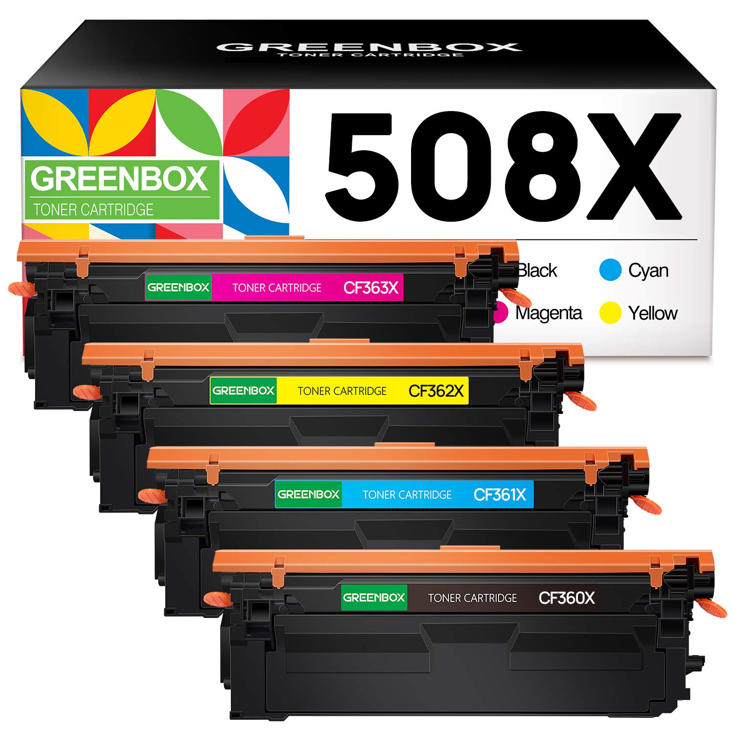 GREENBOXCompatible Toner Cartridge Replacement for HP 508A 508X CF360X CF361X CF362X CF363X HP Color Laserjet Enterprise M553dn M553n M553x M552dn M553 M577Z M577dn M577f M577c m577 Printer（4 Pack）