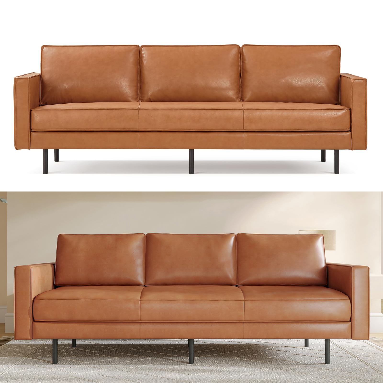 Valencia Varese 90 Full Leather Couch Cognac Tan Brown- Italian Nappa Leather Modern Cloud Couch for Living Room
