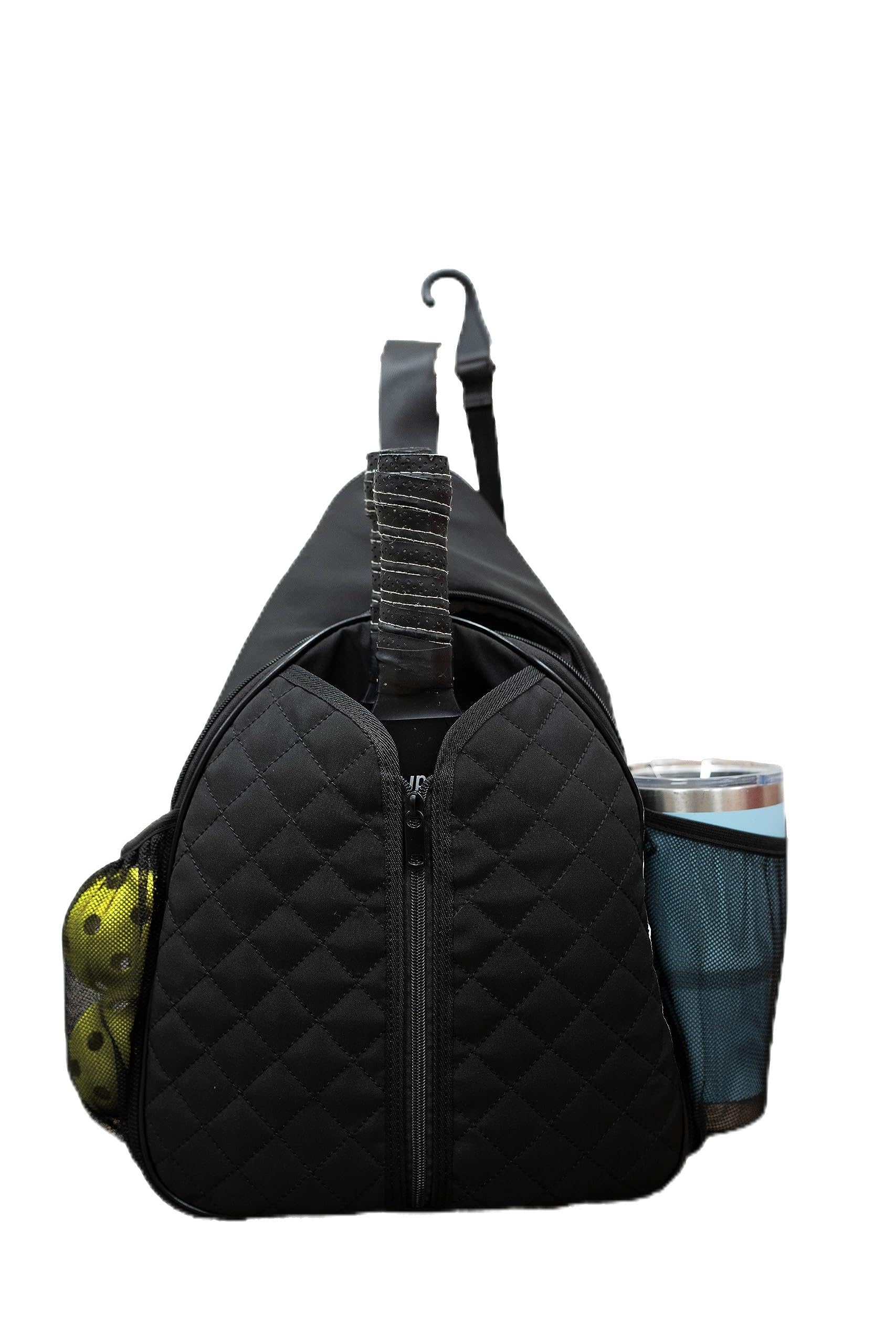 Pickleball Bag - Sleek Pickleball Backpack w/Adjustable Strap & Pockets - Pickleball Case for Yeti Water Bottles or Balls - Fence Hook Pickleball Bags for Women Holds Everything (Black)