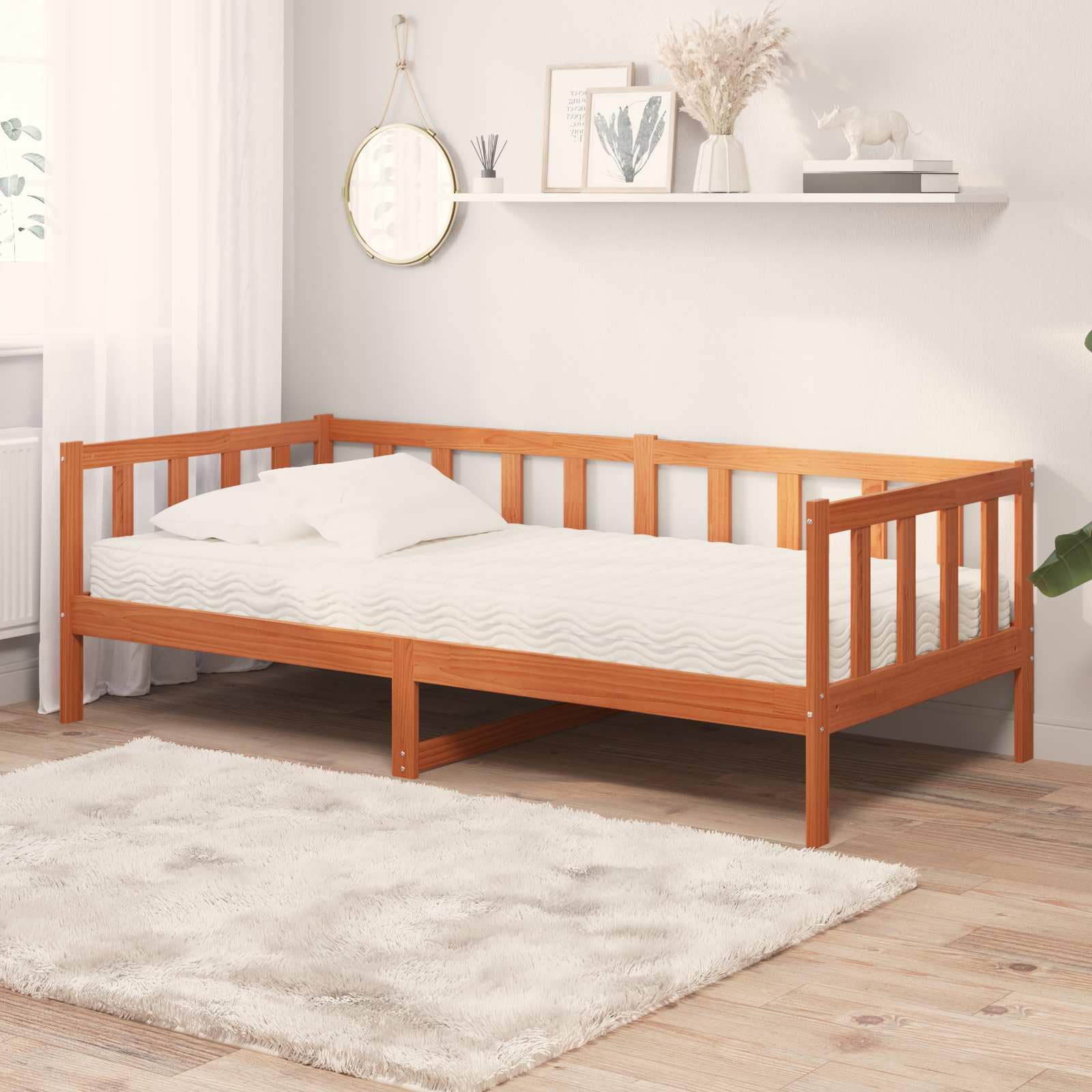 Cama de madera maciza de 90 x 200 cm en color marrón cera/blanco con colchón de 7 zonas y somier, sofá cama moderno para habitación juvenil, oficina en casa y habitación de invitados