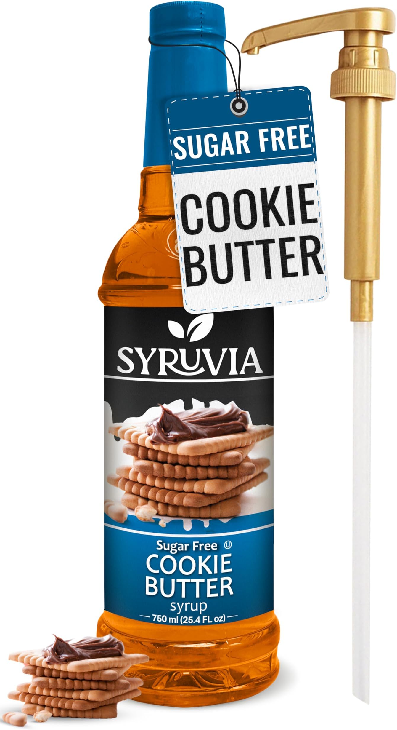 Syruvia Sugar-Free Cookie butter Coffee Syrup - 25.4 fl oz Premium Coffee Flavoring Syrup - 0 Calorie- Kosher Coffee Syrups, Gluten Free, Perfect for Drinks, Soda, Shakes, and More With Pump
