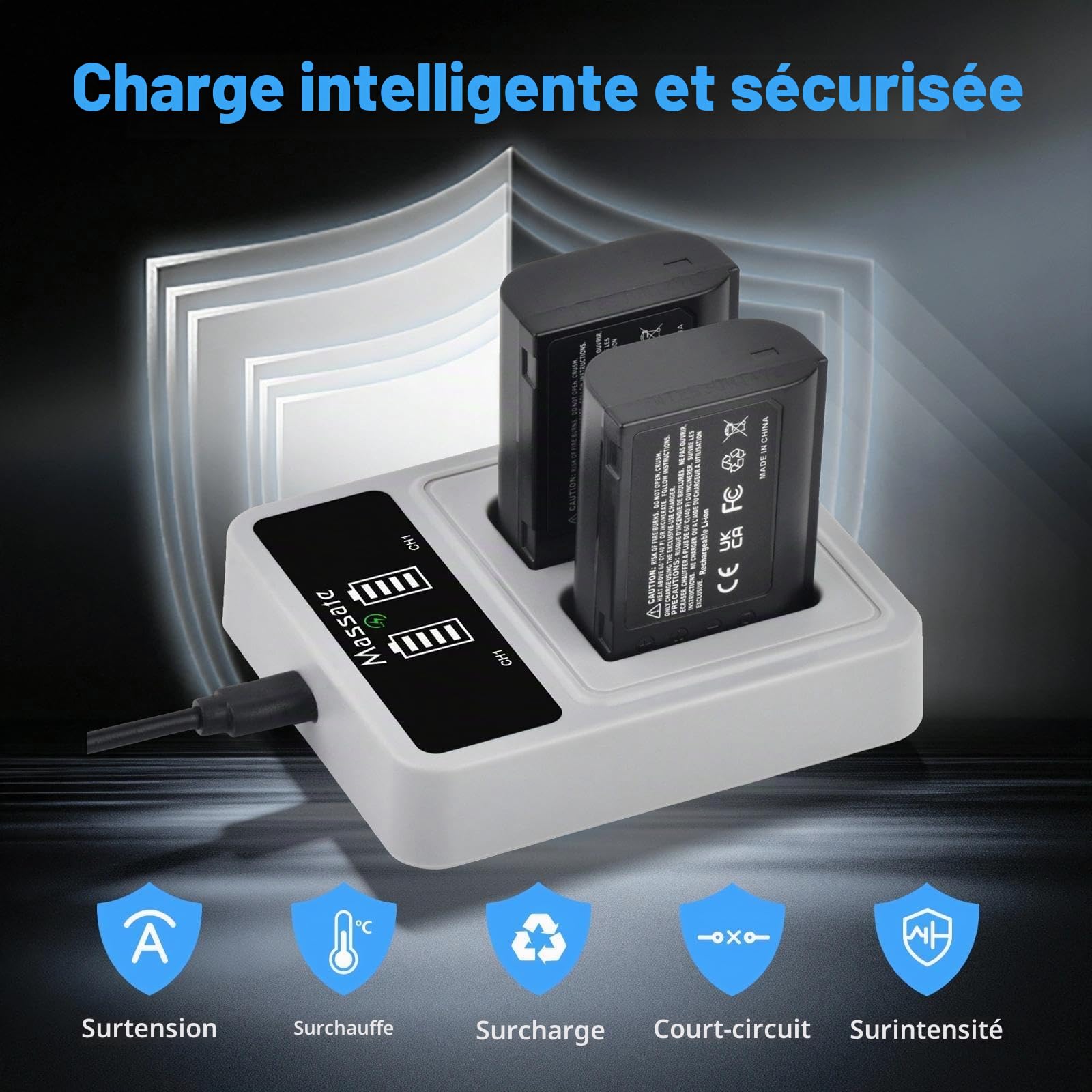 Lot de 2 batteries DMW-BLK22 2600 mAh + chargeur rapide LED PD20W - Charge complète en 2,5 heures - Batterie pour appareils photo Panasonic Lumix GH5, GH5 II, GH6, GH7, S5, S5 II, S5 IIX, S9