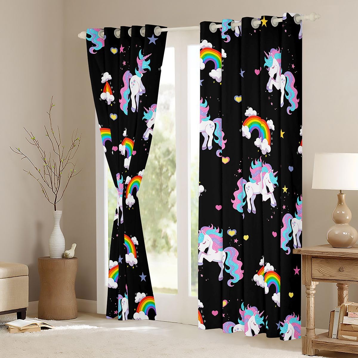 Homewish Jednorożce zasłony okienne, 117 x 137 cm, 2 zestawy paneli – galaktyka gwiazdy, fantazyjne zasłony zaciemniające wzór w gwiazdki, chmura, zasłony okienne, kawaii, dzika przyroda, zwierzę do