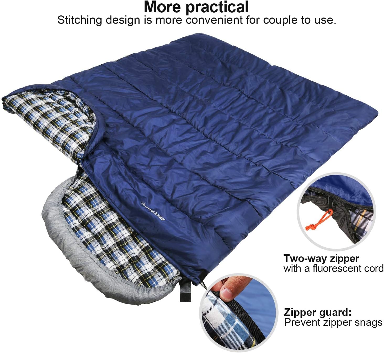 REDCAMP XL 32/41/50F Comfortable Cotton Flannel Sleeping Bag for Adults, Envelope with Compression Sack Navy Blue 4lbs Filling (91" x35'')