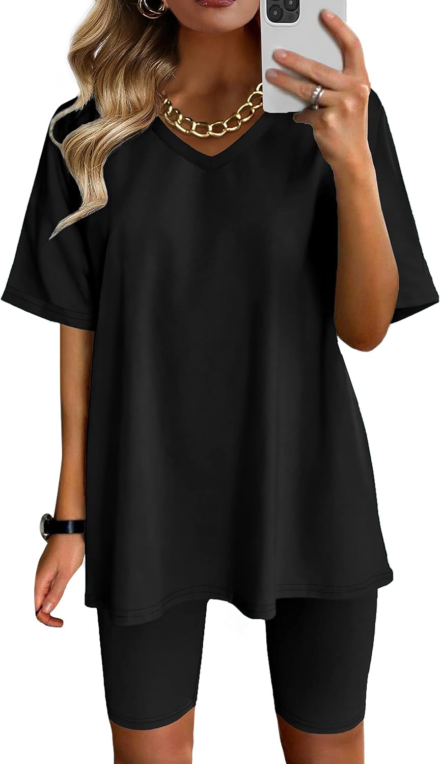 AGSEEM Conjunto de dos piezas para mujer, camiseta de verano con cuello en V, pantalones cortos de ciclista, pantalones cortos de entrenamiento,