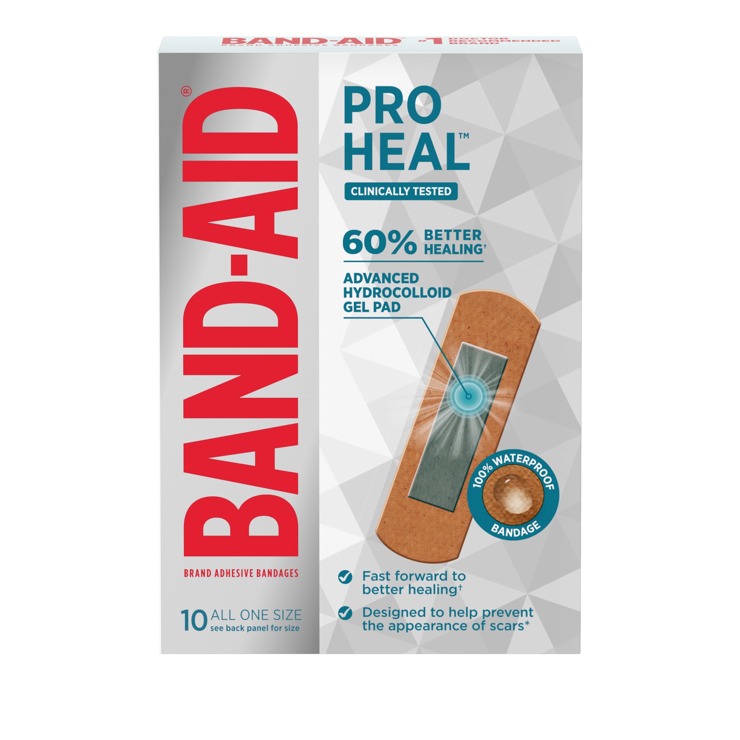 Band-AID Brand Pro Heal bandaże samoprzylepne z podkładką żelową hydrokoloidową, testowane klinicznie, lepsze gojenie drobnych ran, wodoodporne bandaże, kwalifikujące się do FSA/HSA, jeden rozmiar, 10