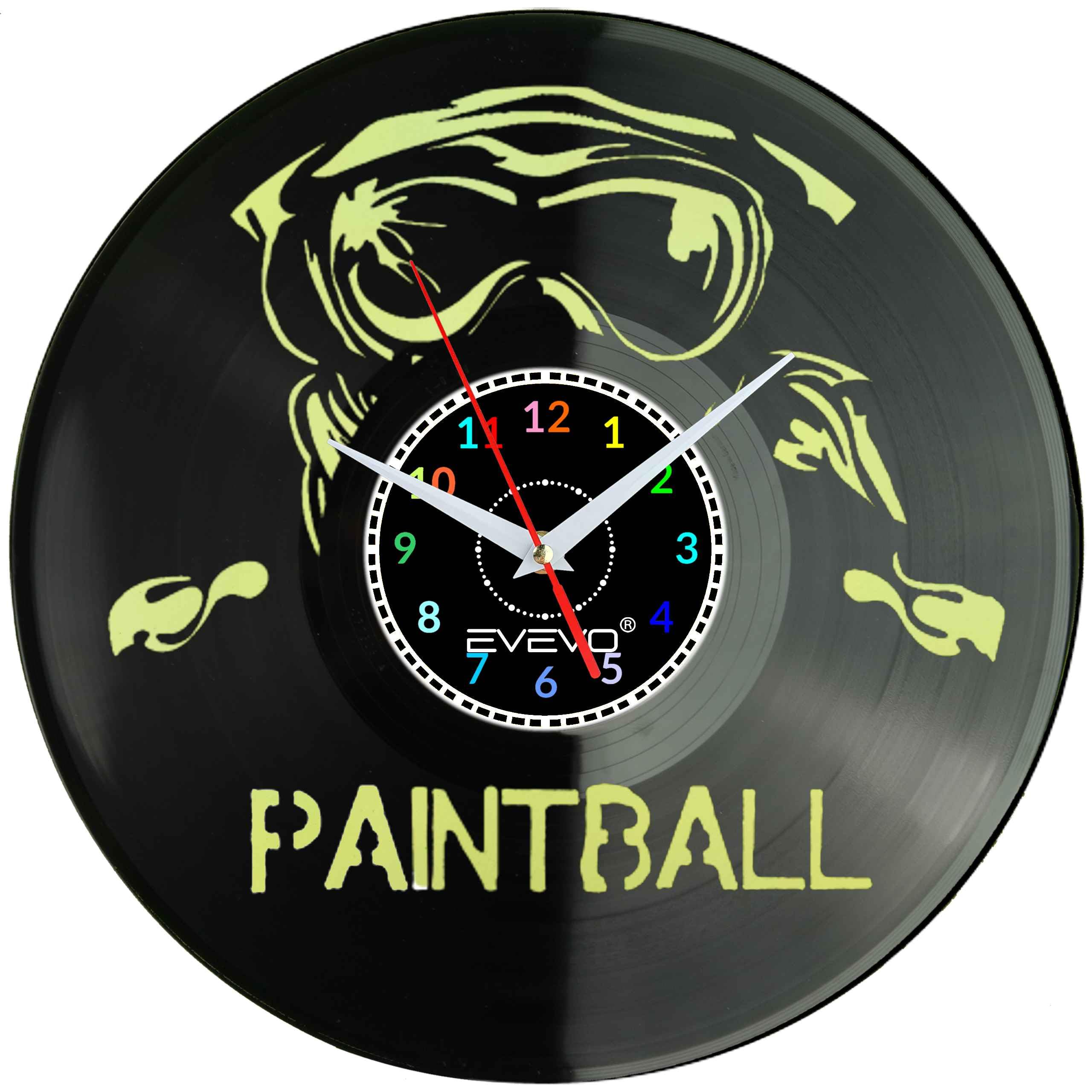 PAINTBALL STRZELANKA ZEGAR ŚCIENNY FLUORESCENCYJNE TŁO PŁYTA WINYLOWA PREZENT UPOMINEK URODZINY GIFT EVEVO F0024