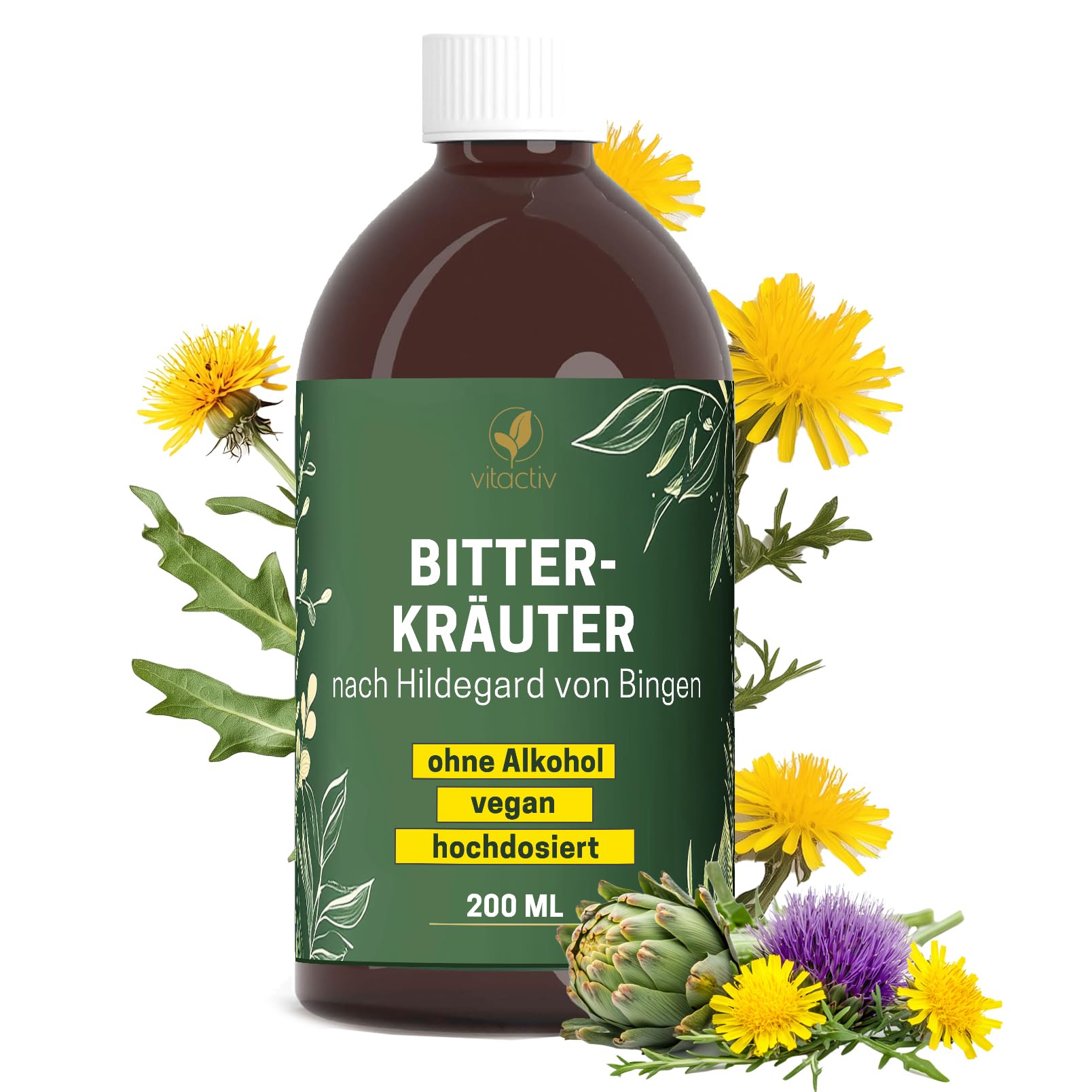 Vitactiv BITTERKRÄUTER - Bittertropfen ohne Alkohol, 200ml (117 Tage) - Erlesene Kräuter plus Cholin, Zink - Bitterstoffe Tropfen nach Hildegard von Bingen - Ohne Künstliche Zusätze, Zuckerfrei, Vegan