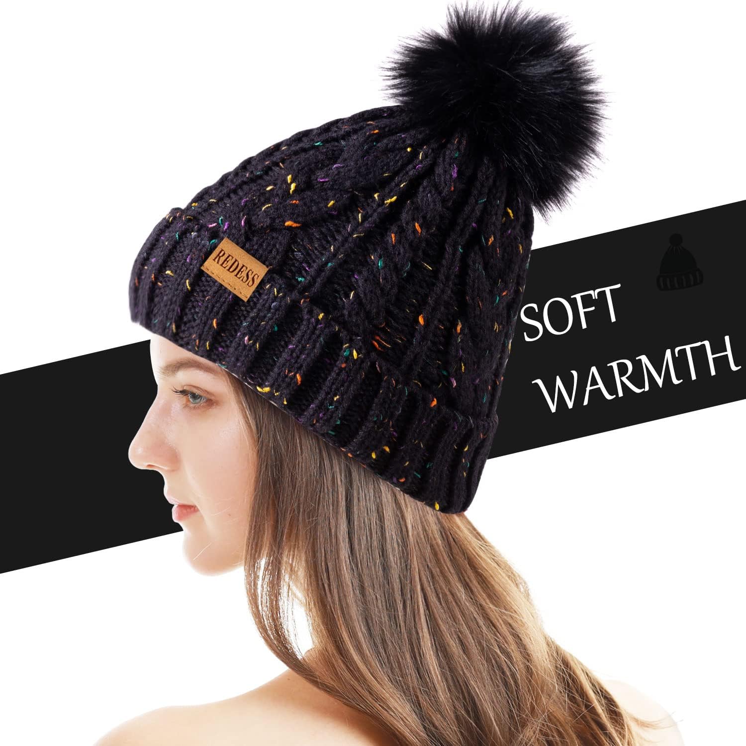 REDESS Cappello Invernale da Donna con Pom Pom Beanie Caldo Foderato in Pile Spesso Slouchy Snow Knit Chunky Baggy Skull Berretto da Sci
