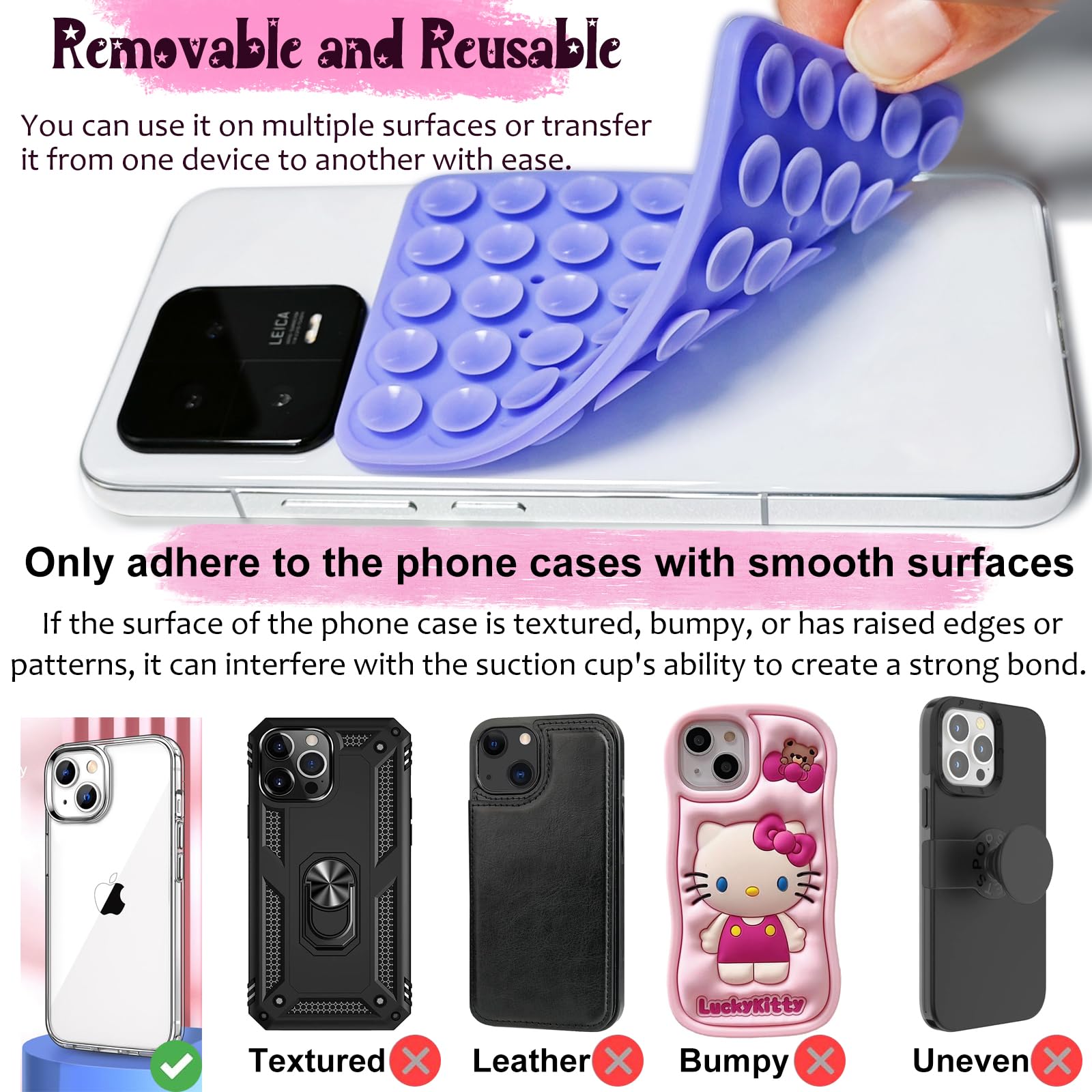 PKYAA Paquete de 2 fundas de silicona con ventosa de doble cara, agarre de silicona manos libres con mayor potencia de succión para selfies y videos, accesorios antideslizantes para teléfono (rosa