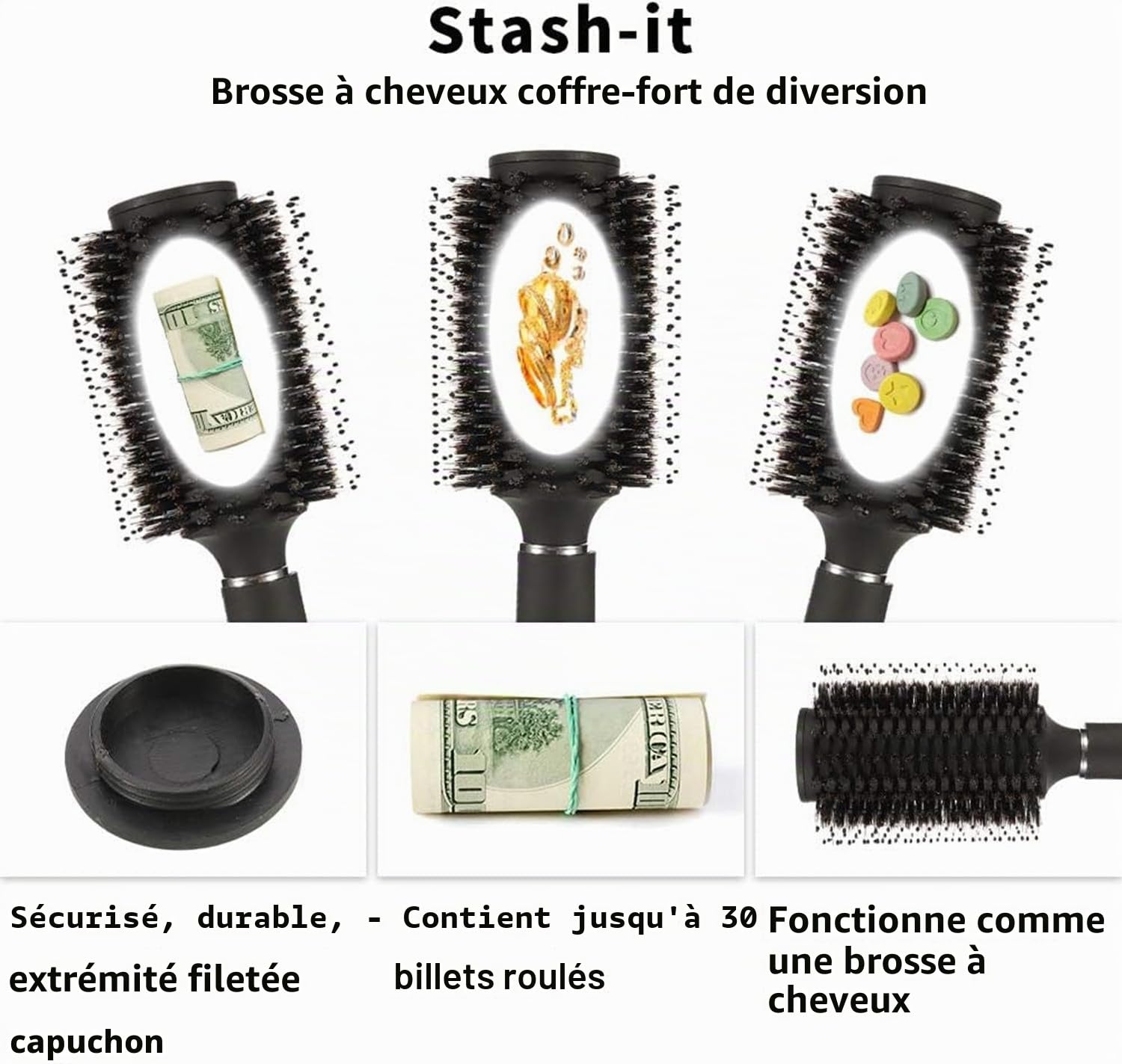 Brosse à cheveux avec rangement secret - Coffre-fort cacher argent et clés, brosse à cheveux de voyage - Tirelire discrète pour objets de valeur (noir)