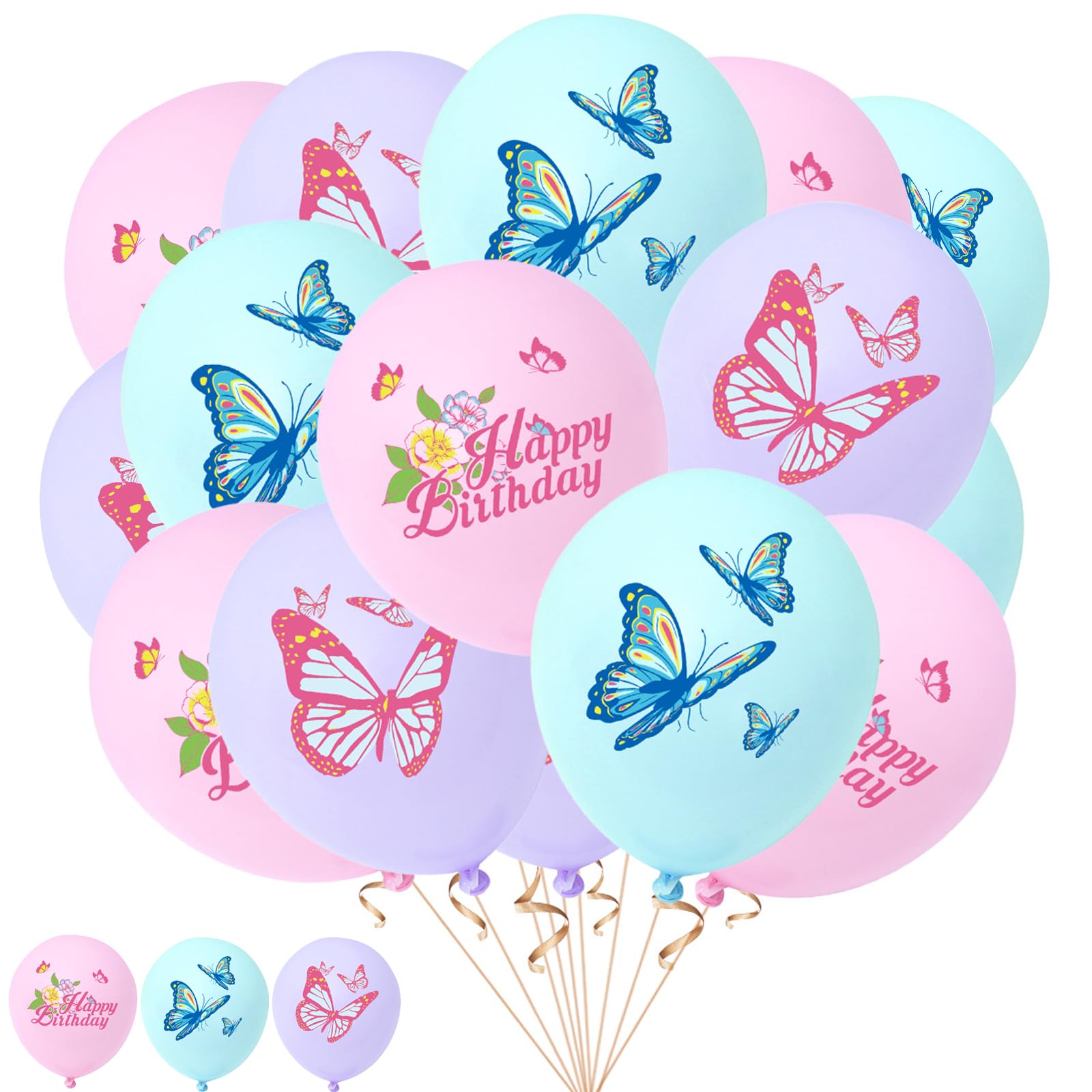 Birthday Balloons - Butterfly Design Latex Balloons Set of 15 with 10m Ribbon for Party Decorations (Purple, Blue, Pink)