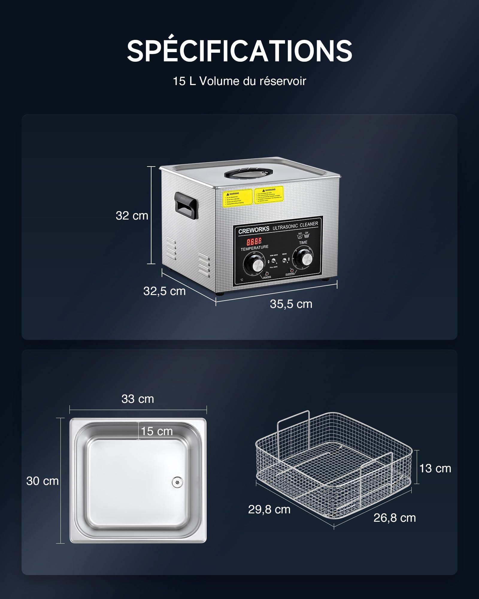 CREWORKS Nettoyeur à Ultrasons Professionnel 15L 360W avec Chauffage 300W, Minuterie 1-30min, Modes Dégazage et Doux, Réservoir Inox 304 40kHz pour Pièces Auto, Bijoux, Instruments Dentaires
