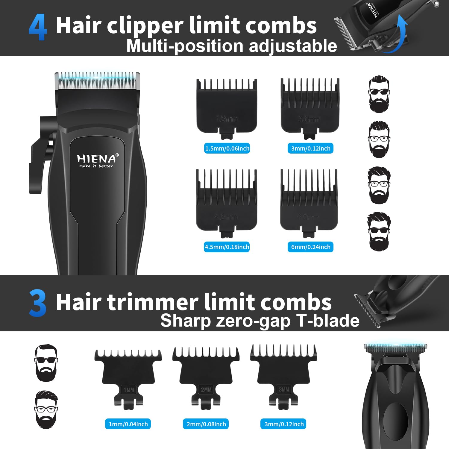HIENA PRO Tondeuse à cheveux pour homme, sans fil, tondeuse à barbe, rasoir à lames, tondeuse à nez, kit complet de rasage et de coupe de cheveux électrique