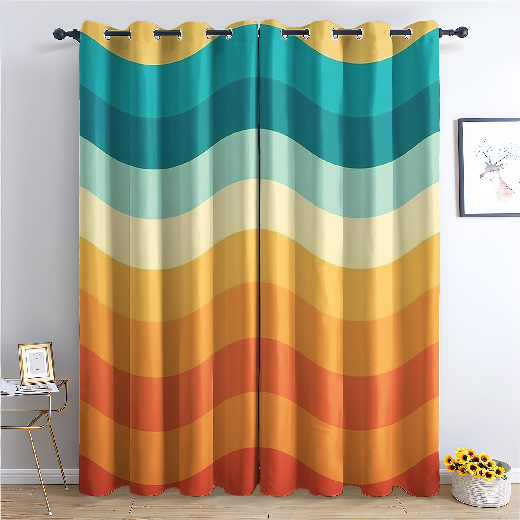 QEODAH Retro 70s Blackout Curtains for Bedroom - Colourful Ombre Gradient Abstract Wave Living Room Curtains 66x90 Eyelet - Soft Thermal Insulated Patterned Drapes for Windows - 2 Panels